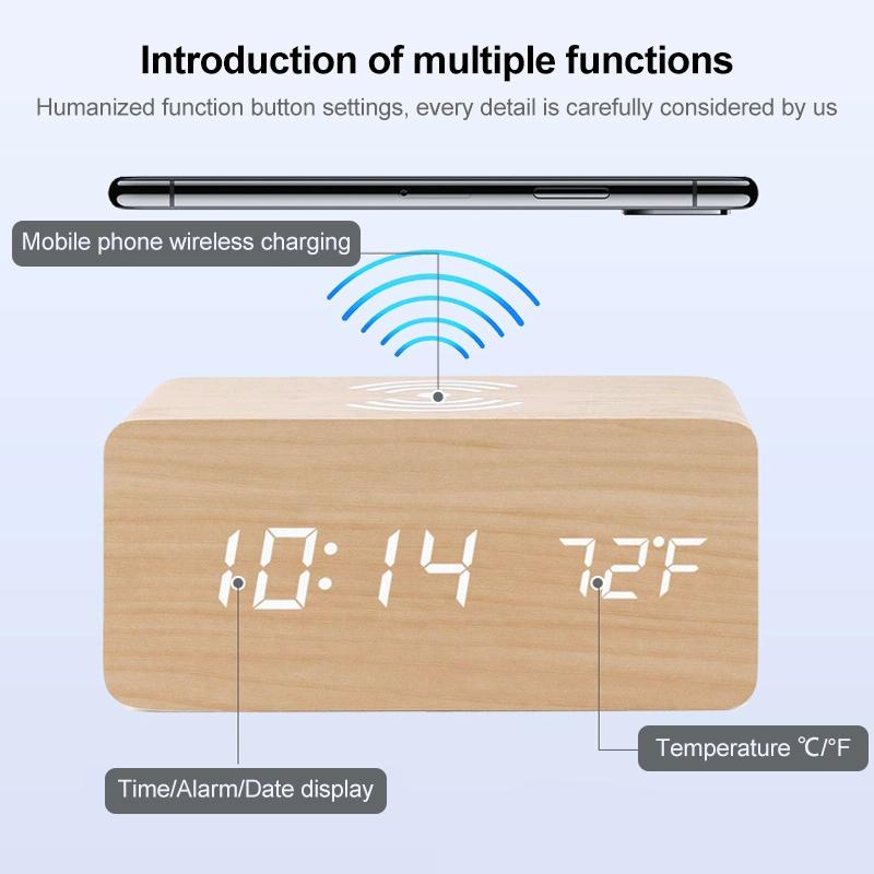 5W Wooden Wireless Charger With Led Mirror Display And Sub Alarm Clock - Bamboo 4