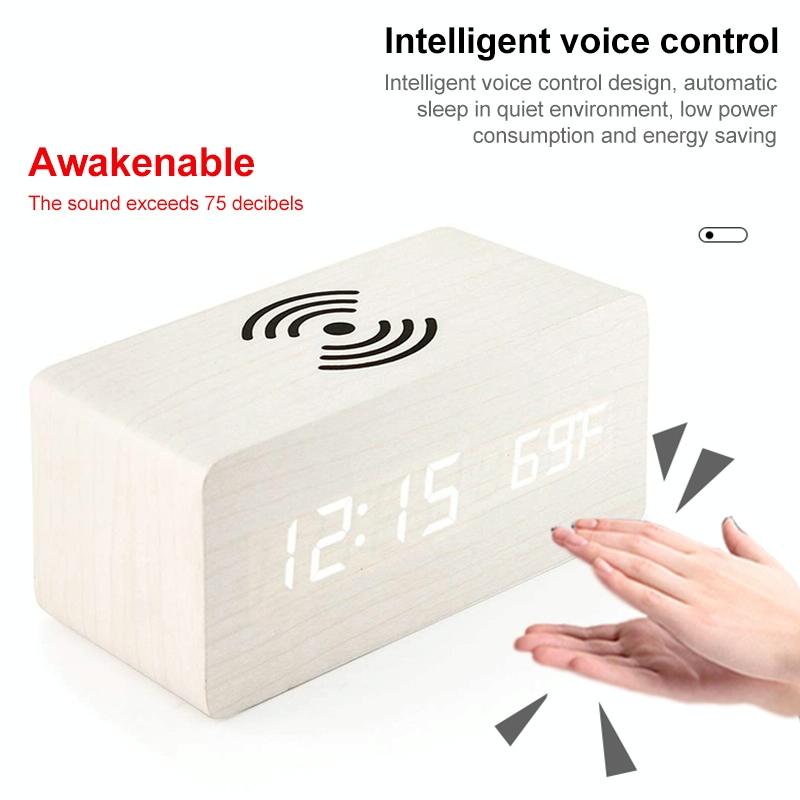 5W Wooden Wireless Charger With Led Mirror Display And Sub Alarm Clock - Bamboo 6