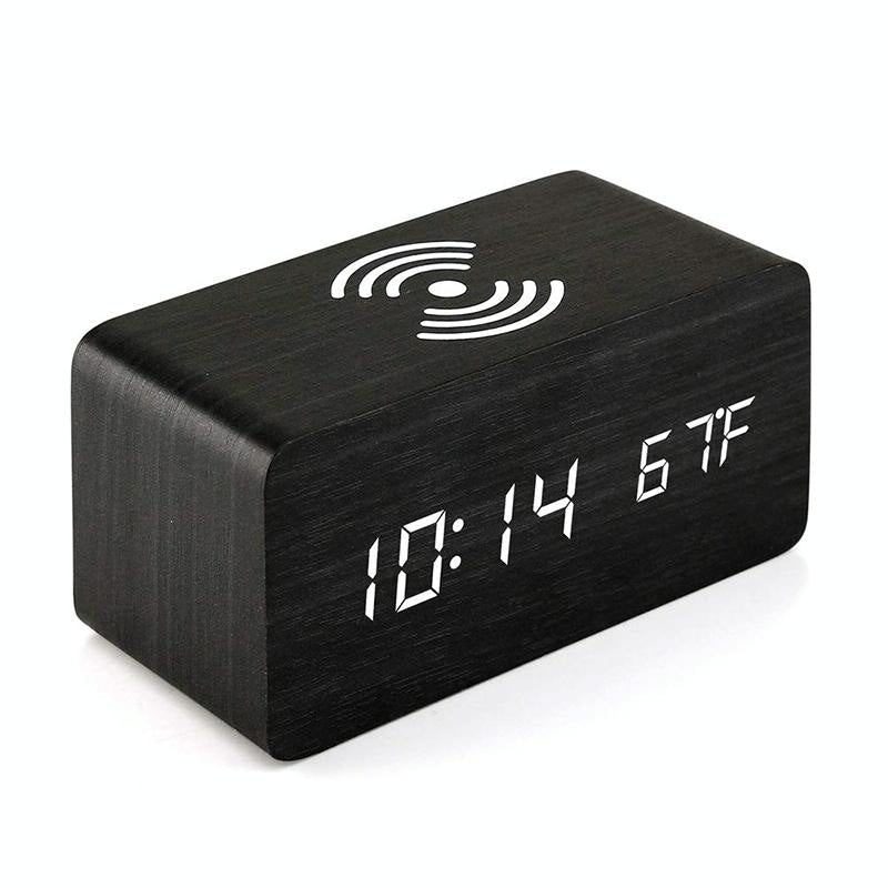 5W Wooden Wireless Charger With Led Mirror Display And Sub Alarm Clock - Bamboo 10