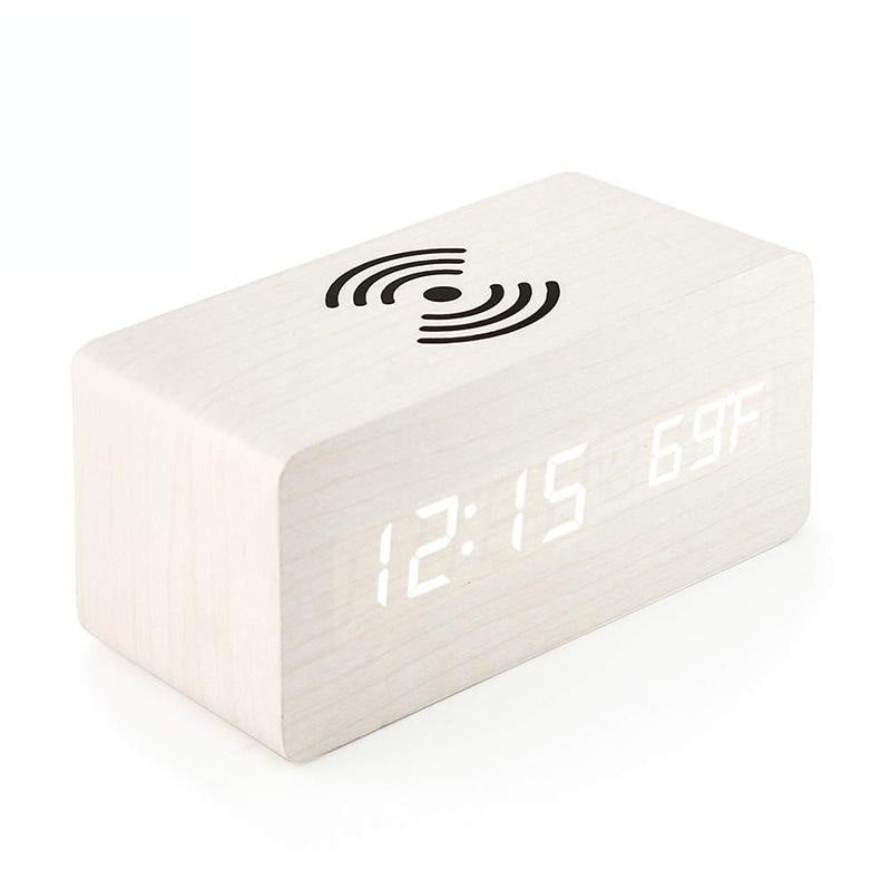 5W Wooden Wireless Charger With Led Mirror Display And Sub Alarm Clock - Bamboo 11