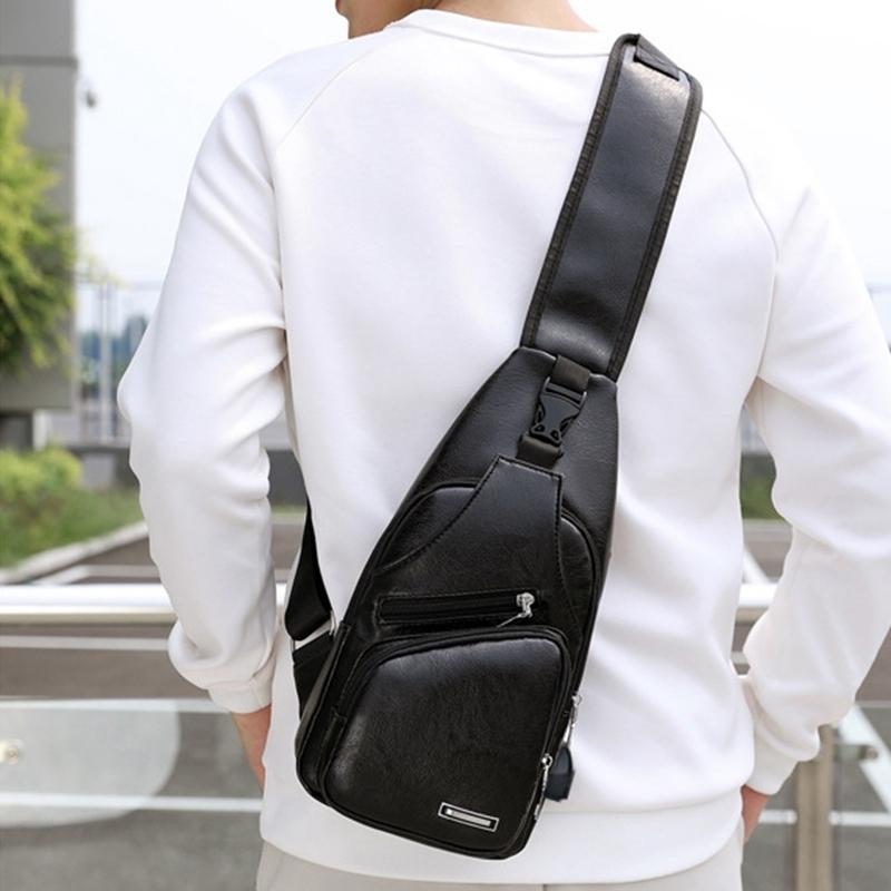 Waterproof Pu Leather Men Chest Bag Usb Port Headphone Hole - Black