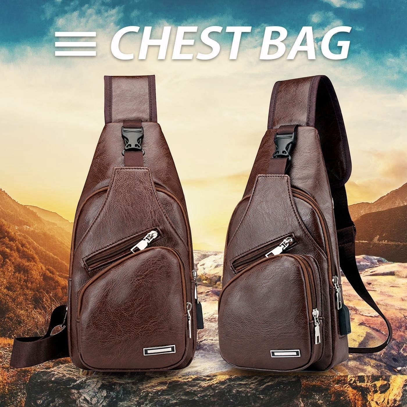 Waterproof Pu Leather Men Chest Bag Usb Port Headphone Hole - Black 9