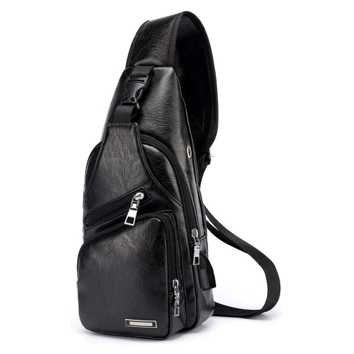 Waterproof Pu Leather Men Chest Bag Usb Port Headphone Hole - Black 11