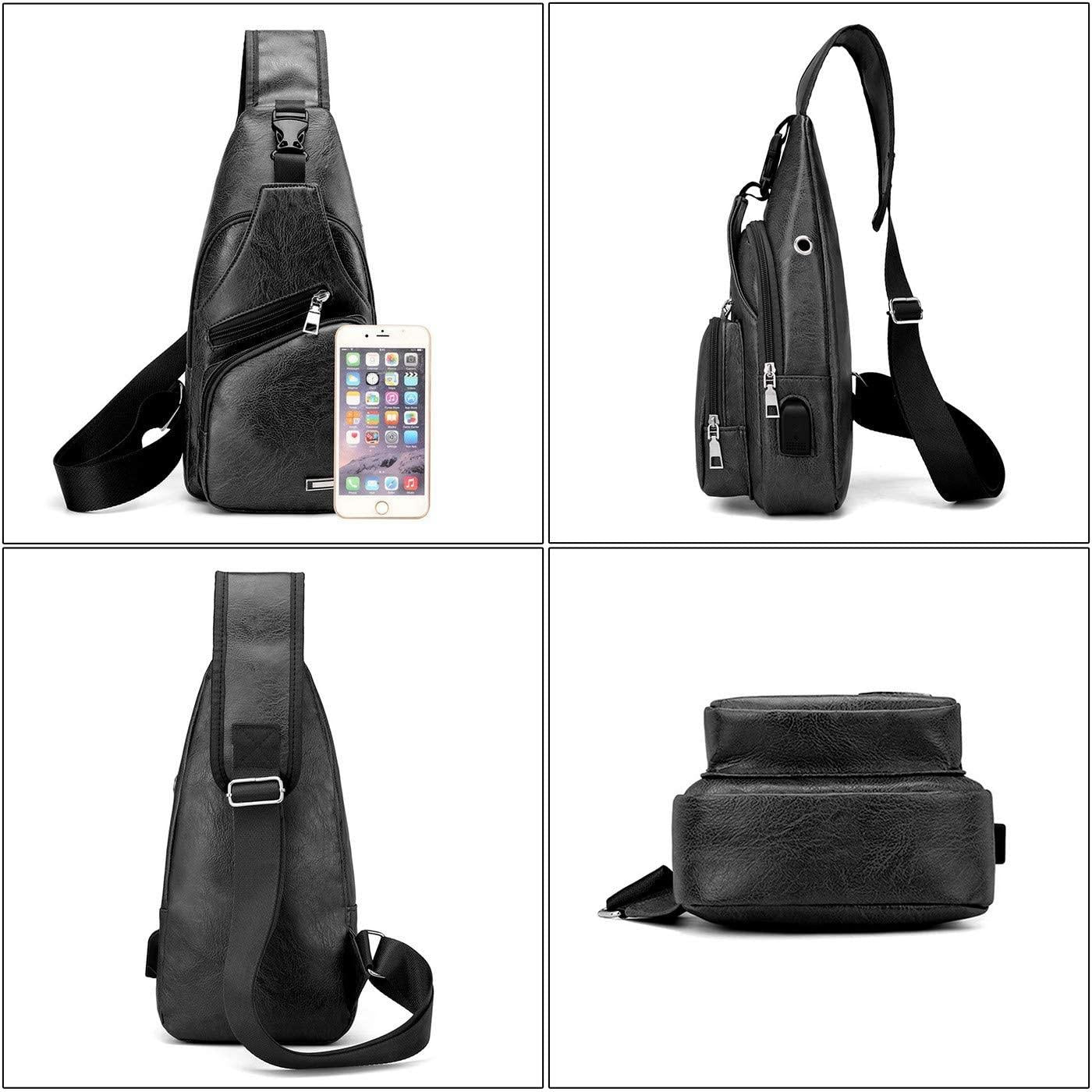 Waterproof Pu Leather Men Chest Bag Usb Port Headphone Hole - Black 13