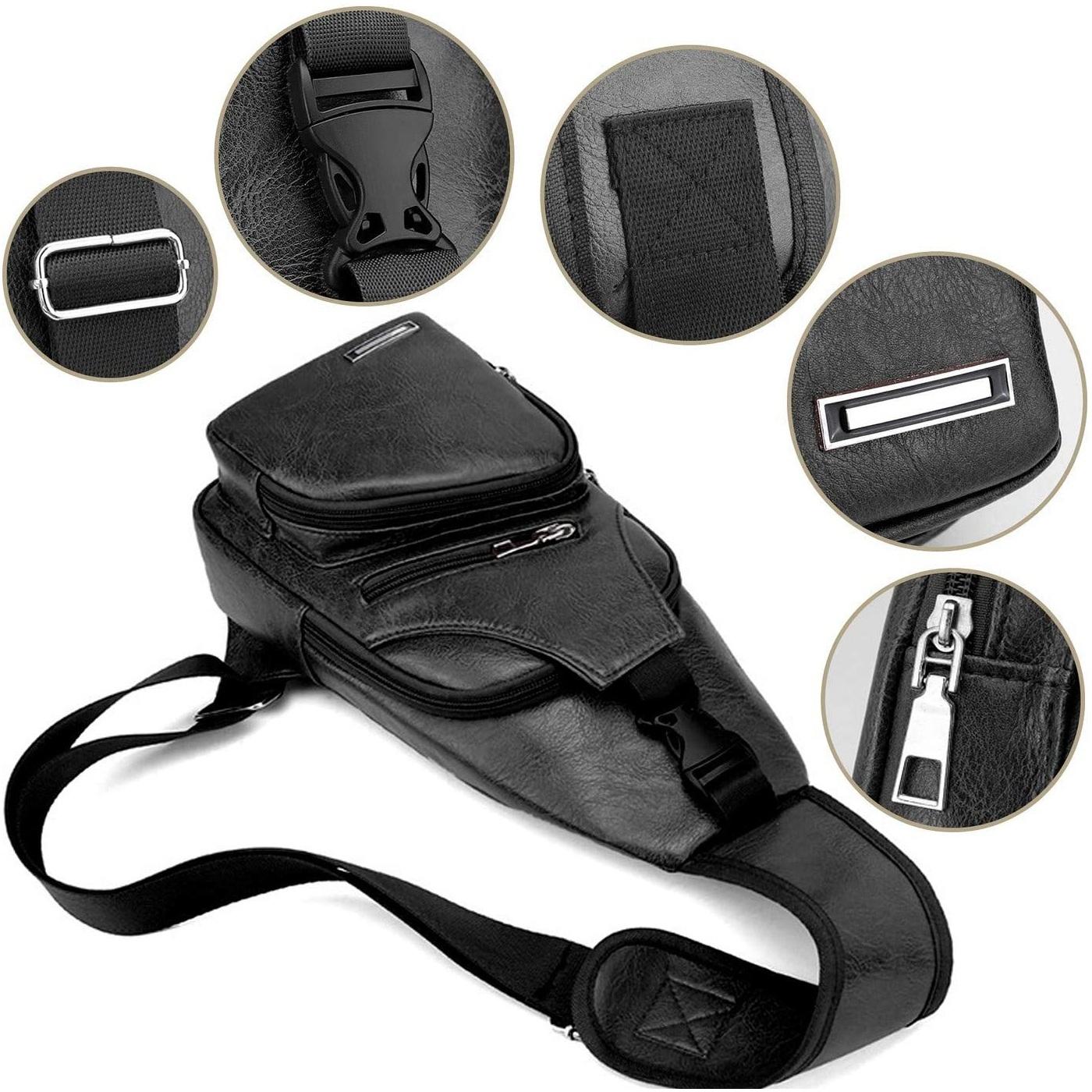 Waterproof Pu Leather Men Chest Bag Usb Port Headphone Hole - Black 14