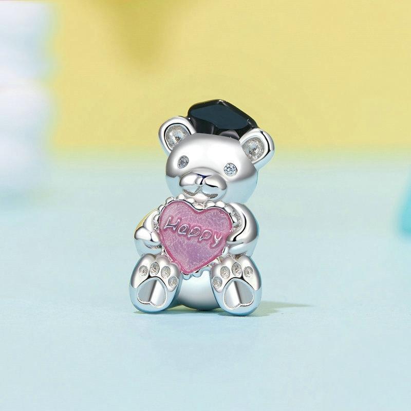 925 Sterling Silver Platinum Plated Happy Bear Heart Diy Beads 3
