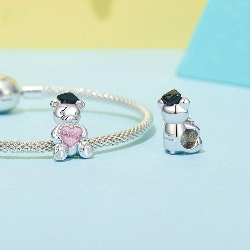 925 Sterling Silver Platinum Plated Happy Bear Heart Diy Beads 5