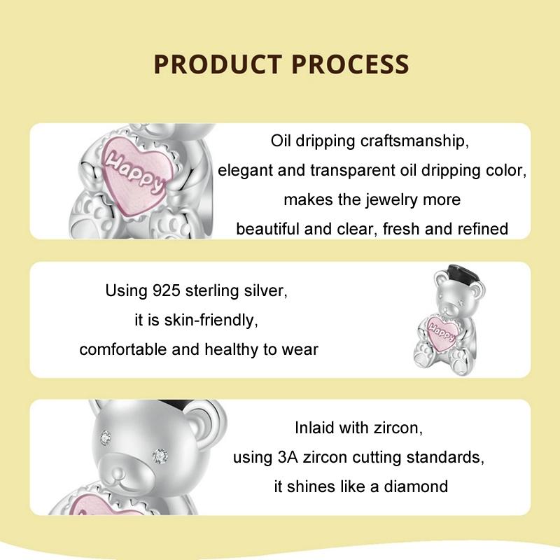 925 Sterling Silver Platinum Plated Happy Bear Heart Diy Beads 6