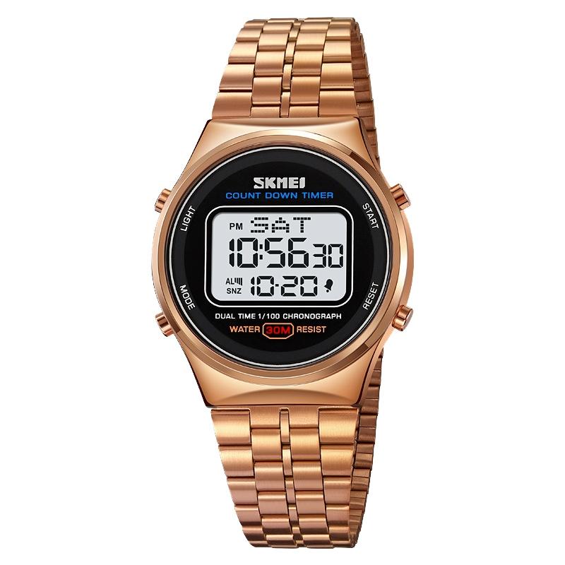 Waterproof Multifunctional Men Digital Watch - Luminous Stainless Steel - 30m - Rose Gold White