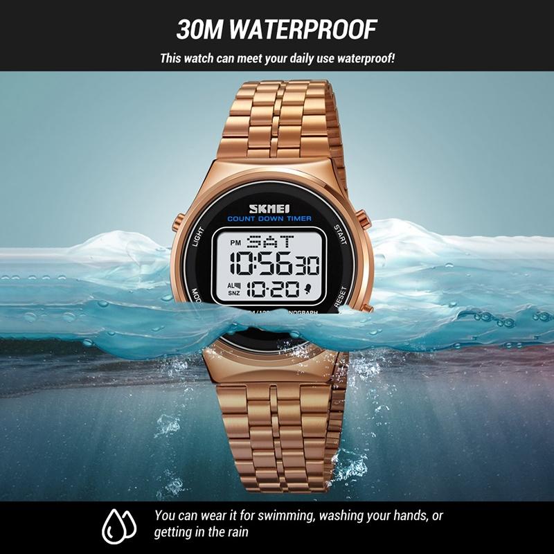 Waterproof Multifunctional Men Digital Watch - Luminous Stainless Steel - 30m - Rose Gold White 8
