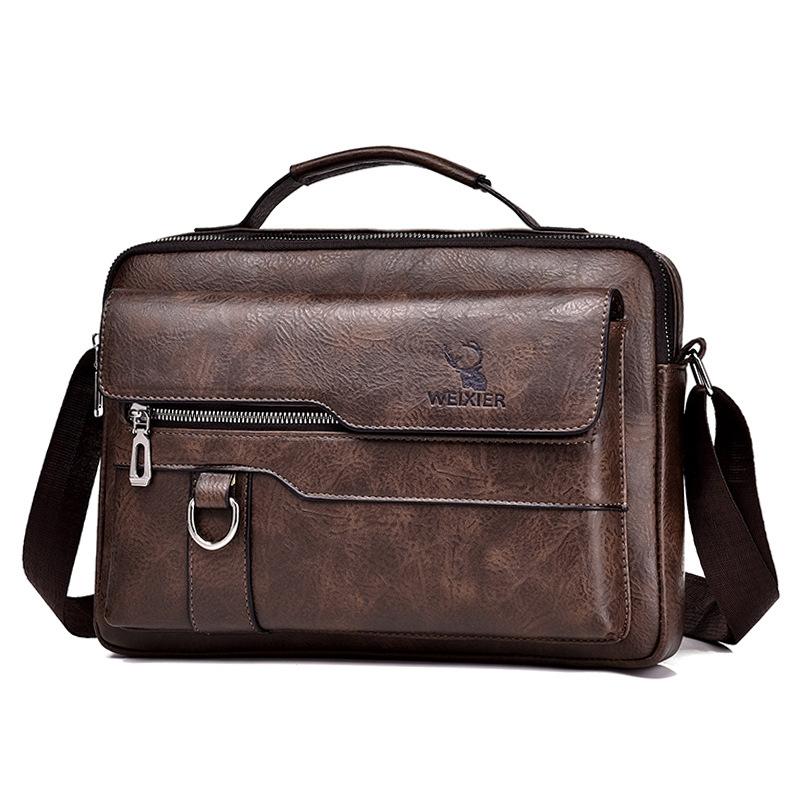 Leather Men Shoulder Bag Business Laptop Case Retro Design - Black 7