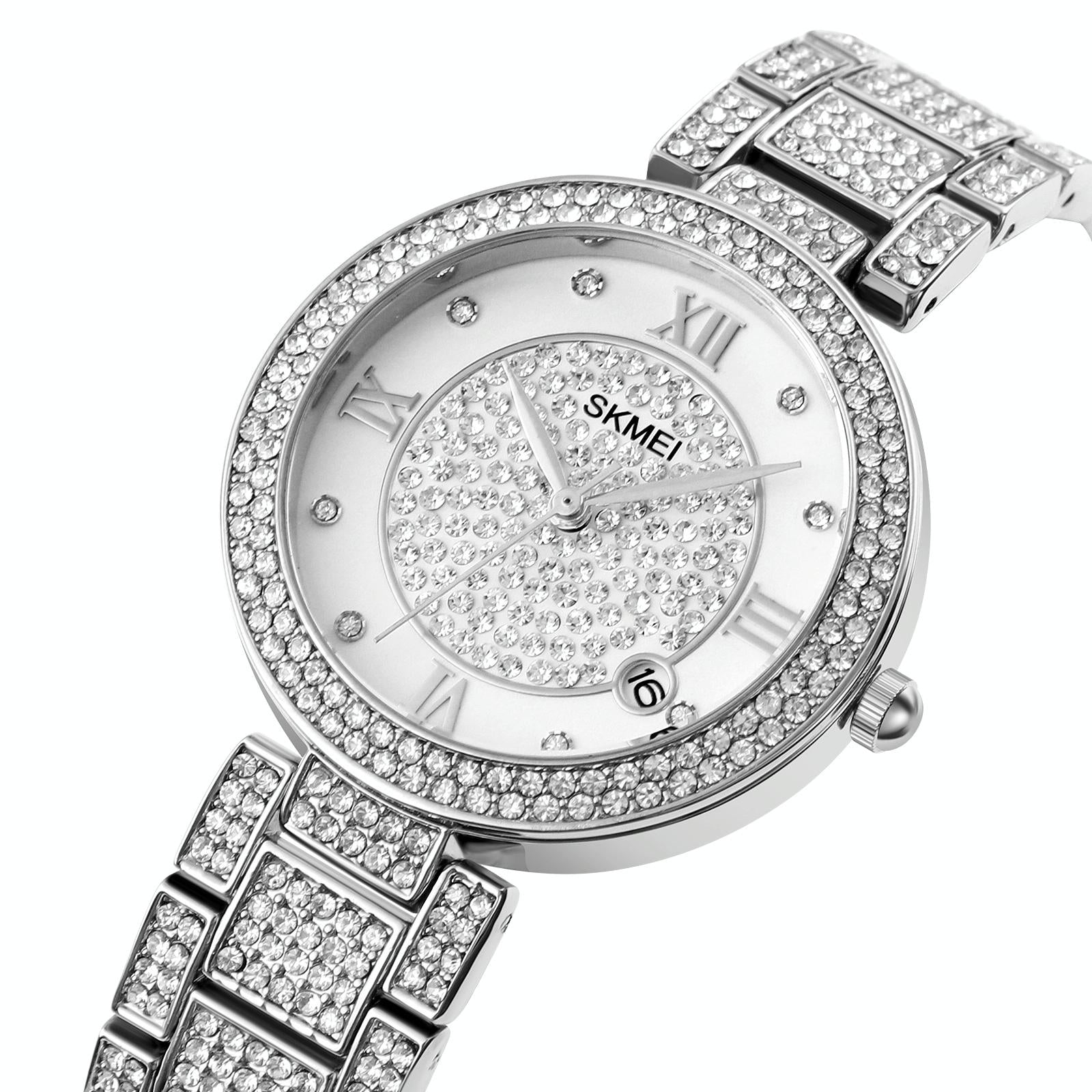 Women Quartz Watch with Diamond Roman Numerals and Round Dial - Rose Gold 3