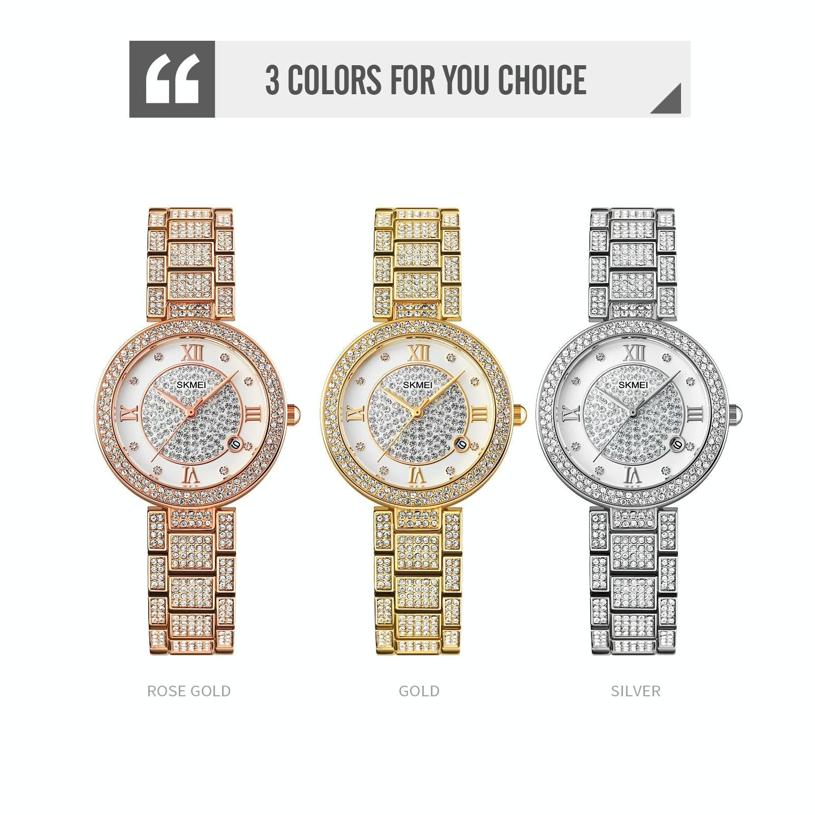 Women Quartz Watch with Diamond Roman Numerals and Round Dial - Rose Gold 4