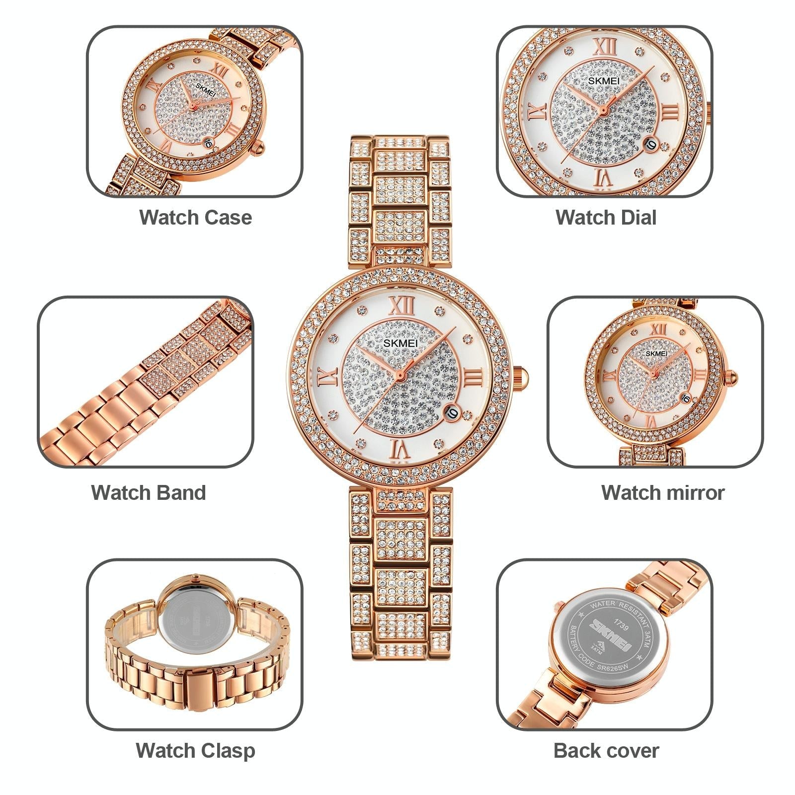 Women Quartz Watch with Diamond Roman Numerals and Round Dial - Rose Gold 6
