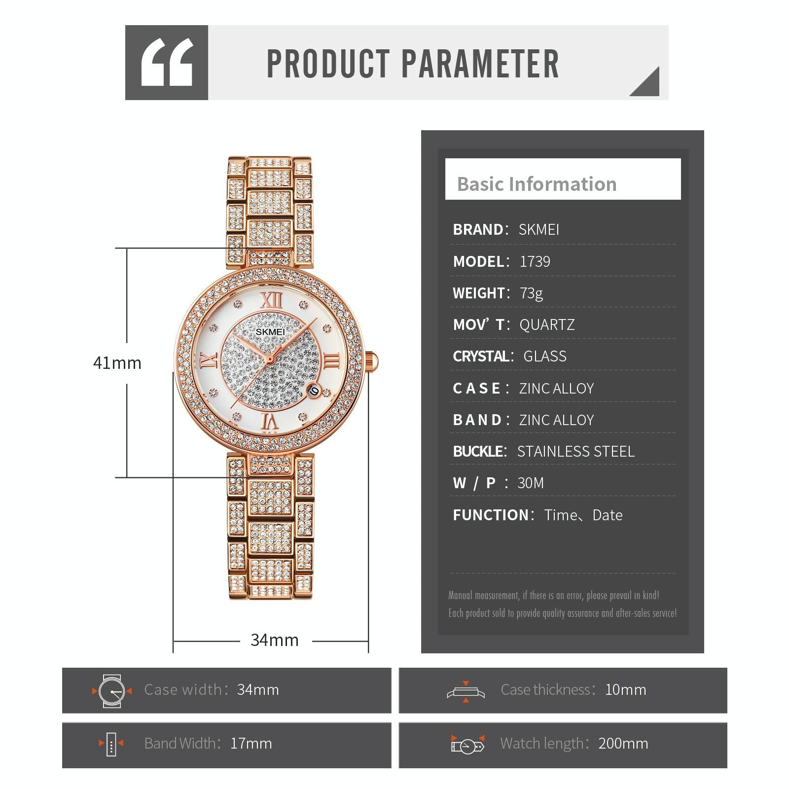 Women Quartz Watch with Diamond Roman Numerals and Round Dial - Rose Gold 9