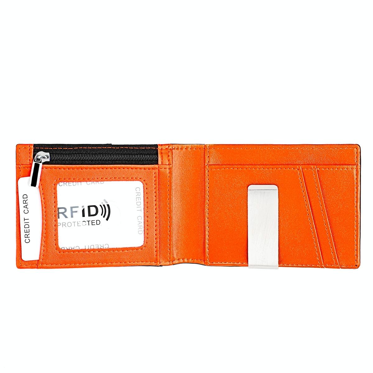 Leather Rfid Wallet with Front Pocket - Black - Orange 4