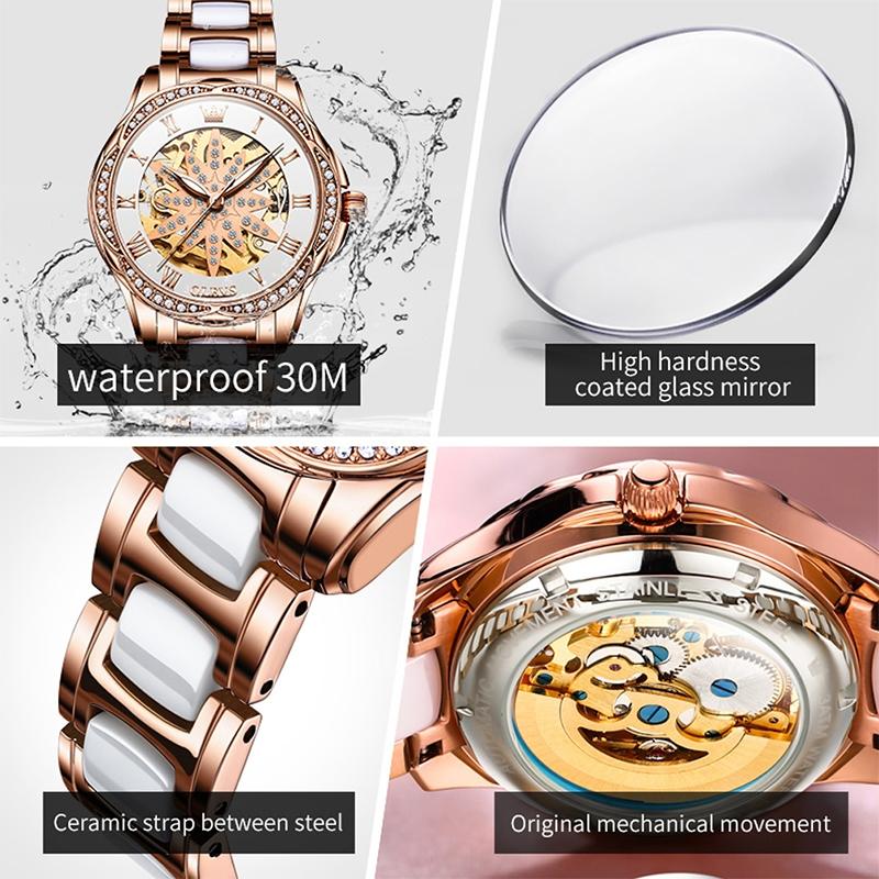Women Waterproof Mechanical Watch with Ceramic Band - Multifunctional and Elegant 8