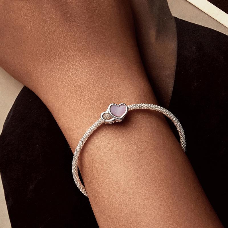 925 Sterling Silver Platinum Plated Pink Heart Diy Beads 8