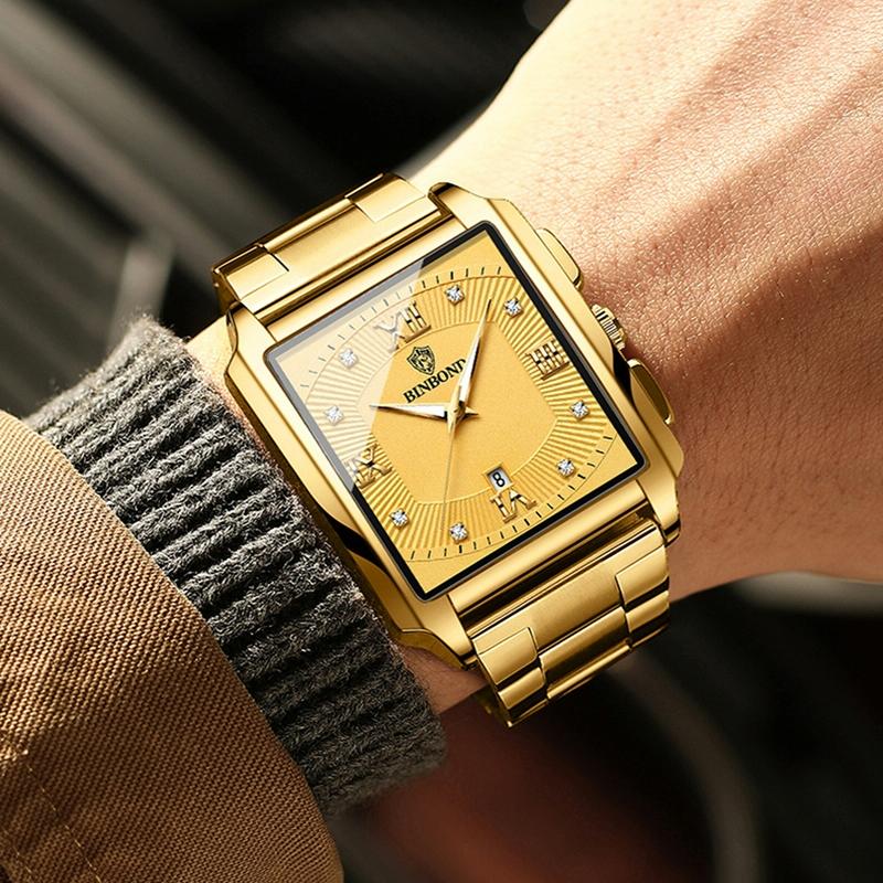 Waterproof Men Quartz Watch - Rectangular Outdoor Design - Full Gold-Gold 7