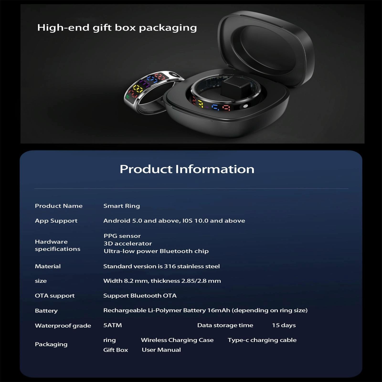 Smart Ring Heart Rate Blood Oxygen Sleep Sports Size 9 - Black 10