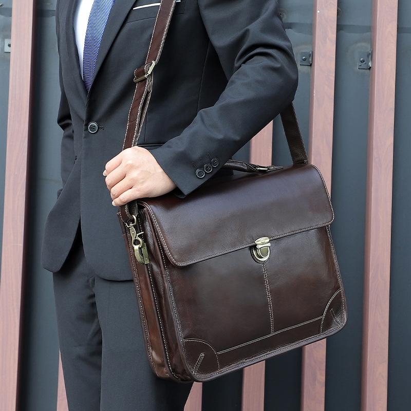 Retro Cowhide Leather Briefcase for 15.6 Laptop - Multifunctional - Coffee 7