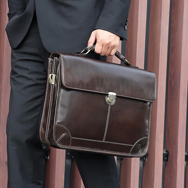 Retro Cowhide Leather Briefcase for 15.6 Laptop - Multifunctional - Coffee 8