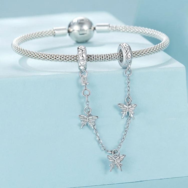 925 Sterling Silver Platinum Plated Butterfly Safety Chain Bracelet 6