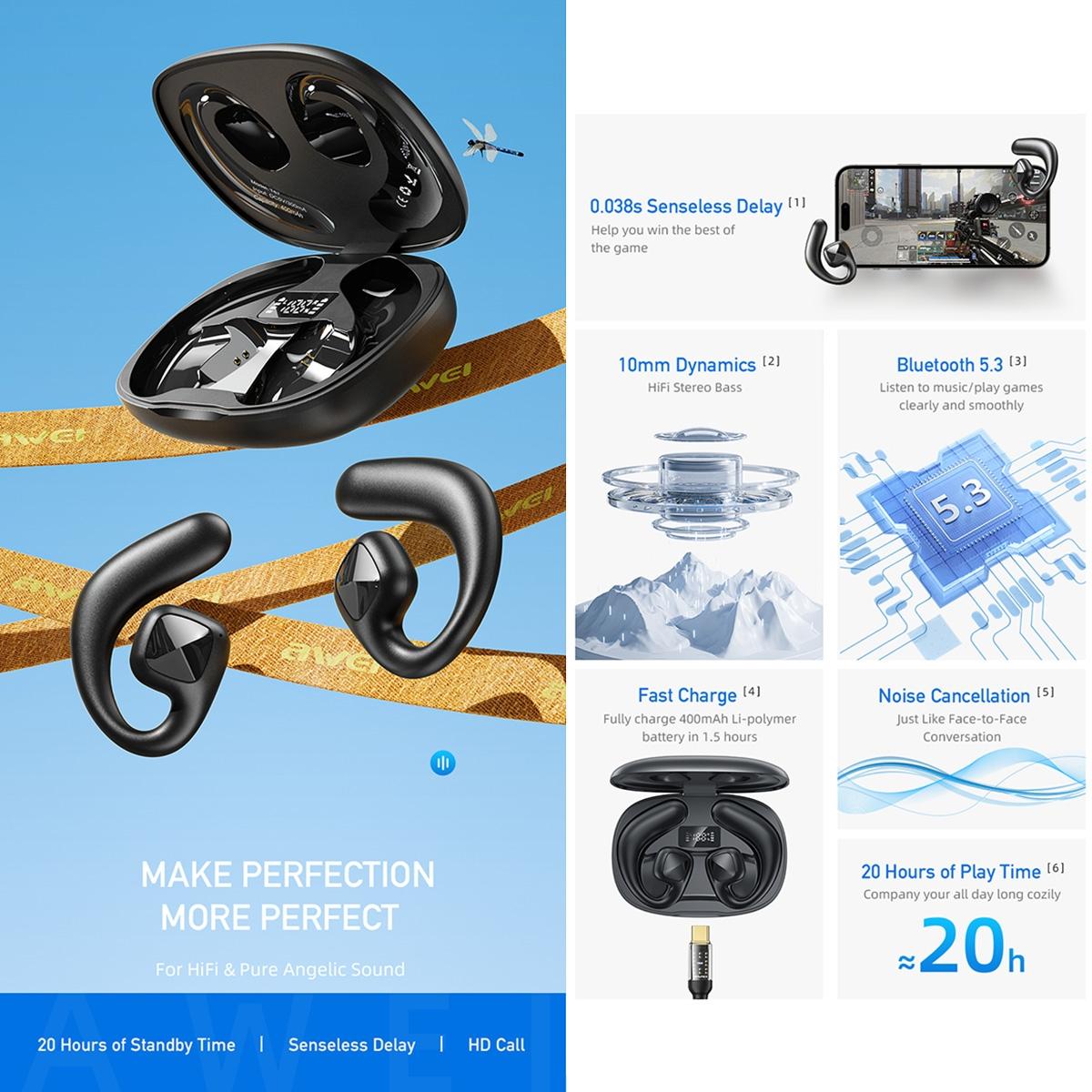 Wireless Tws Bluetooth Earbuds with Air Conduction Technology - Black 4