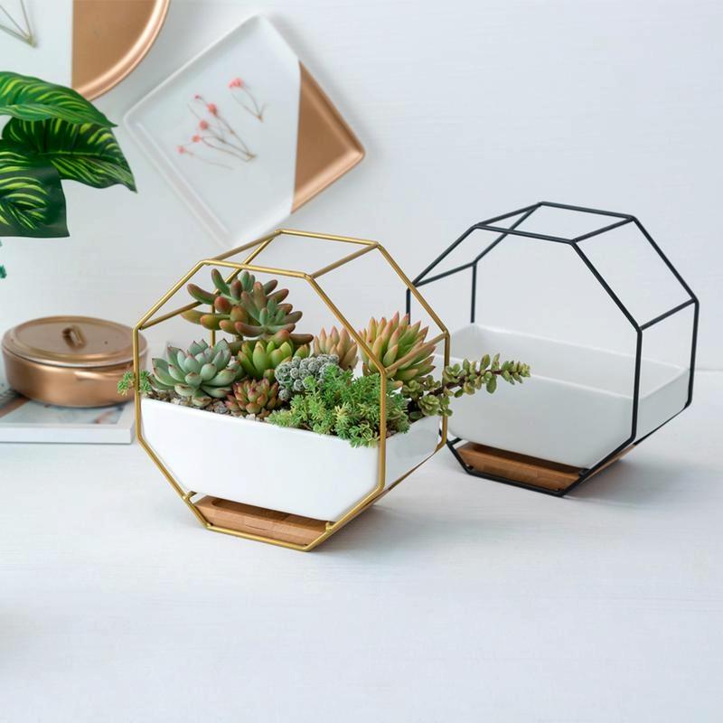 Geometric Wall Hanging Table with Bamboo Support and Iron Frame for Succulents - Gold 8