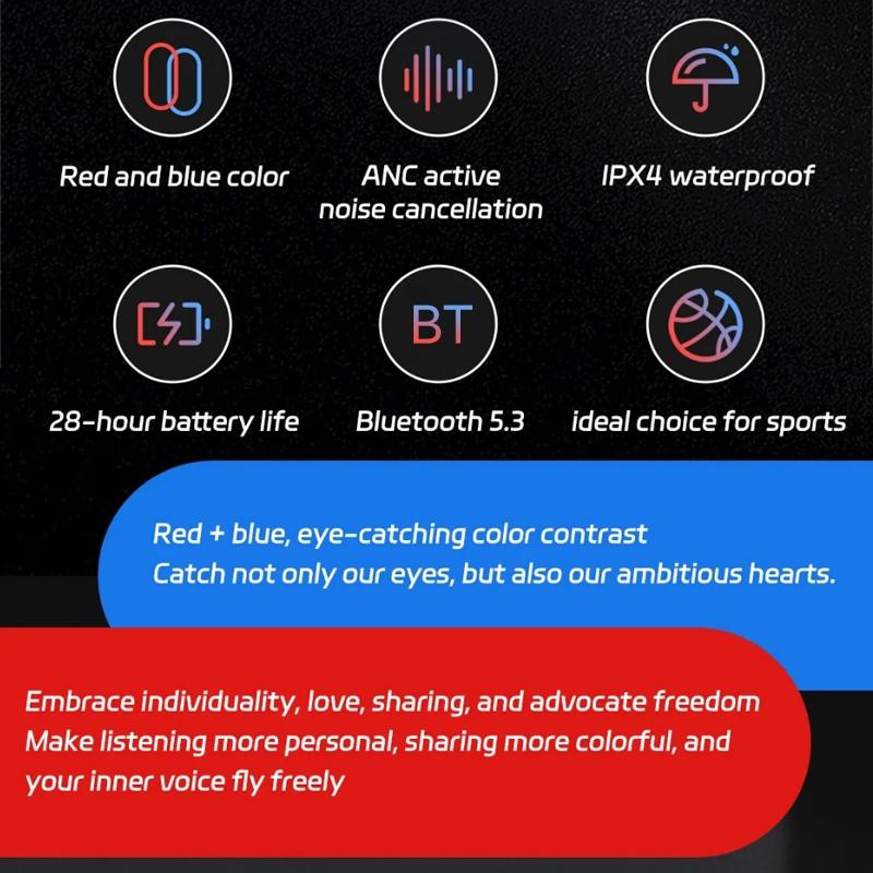 Wireless Noise-cancelling Bluetooth Earbuds - Music Cube - Red Blue 9