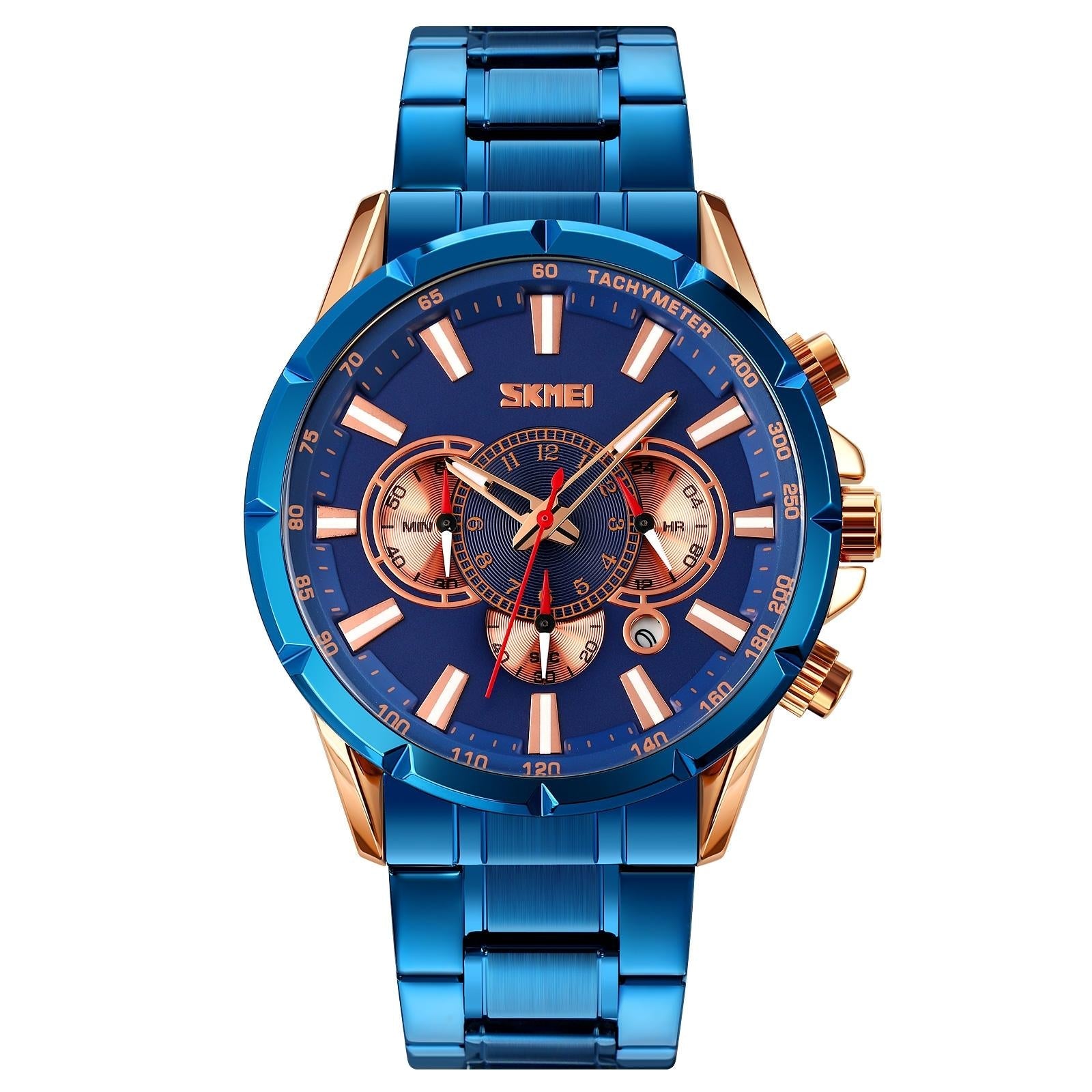 Stainless Steel Men Quartz Watch with Calendar - 9241 - Rose Gold Blue