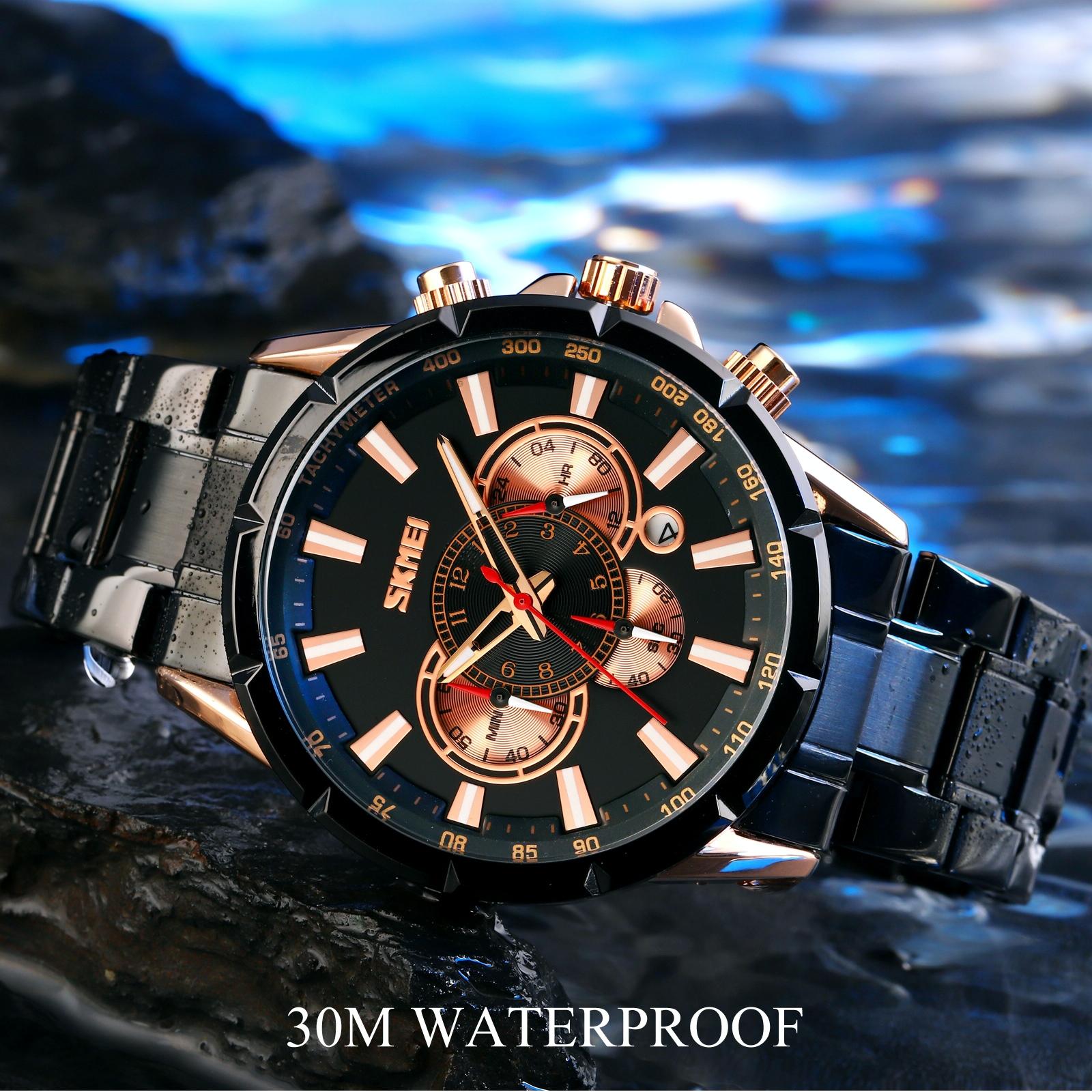 Stainless Steel Men Quartz Watch with Calendar - 9241 - Rose Gold Blue 4