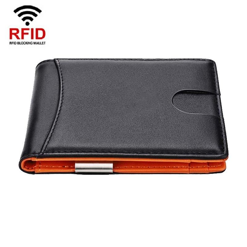 Men Vintage Leather Rfid Wallet - Flat Pattern Orange Inner