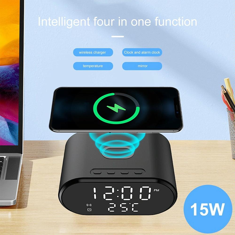 15W Wireless Charger With Mirror & Clock - Black 7