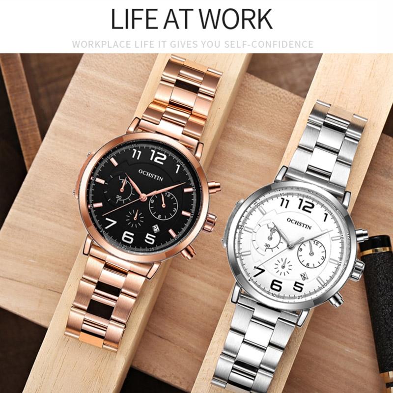 Men Multifunction Steel Quartz Watch with Steel Strap - Rose Gold Black 5