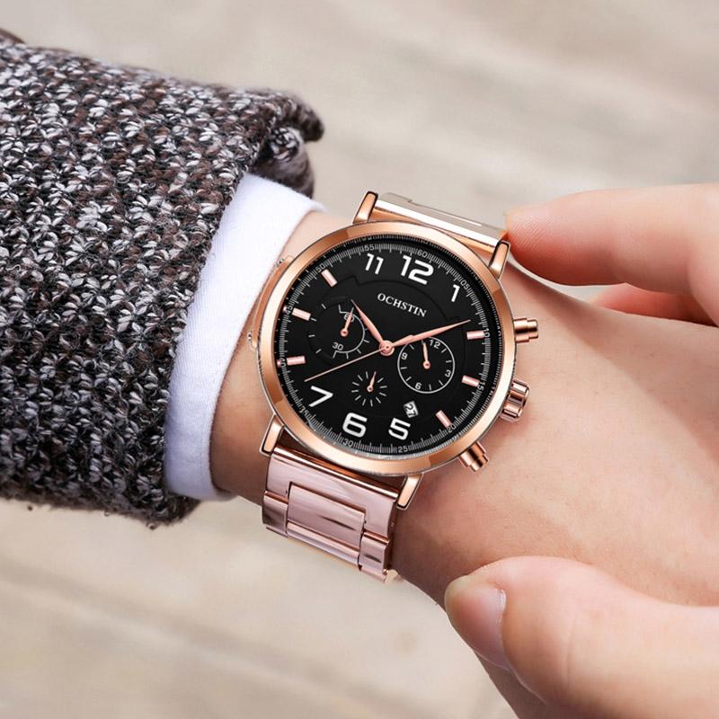 Men Multifunction Steel Quartz Watch with Steel Strap - Rose Gold Black 7