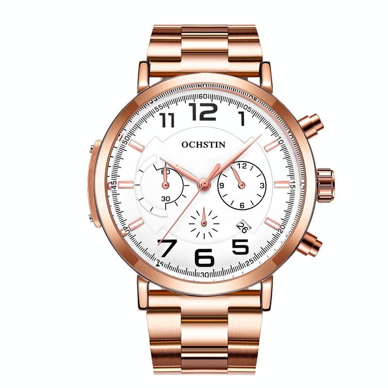Men Multifunction Steel Quartz Watch with Steel Strap - Rose Gold Black 10