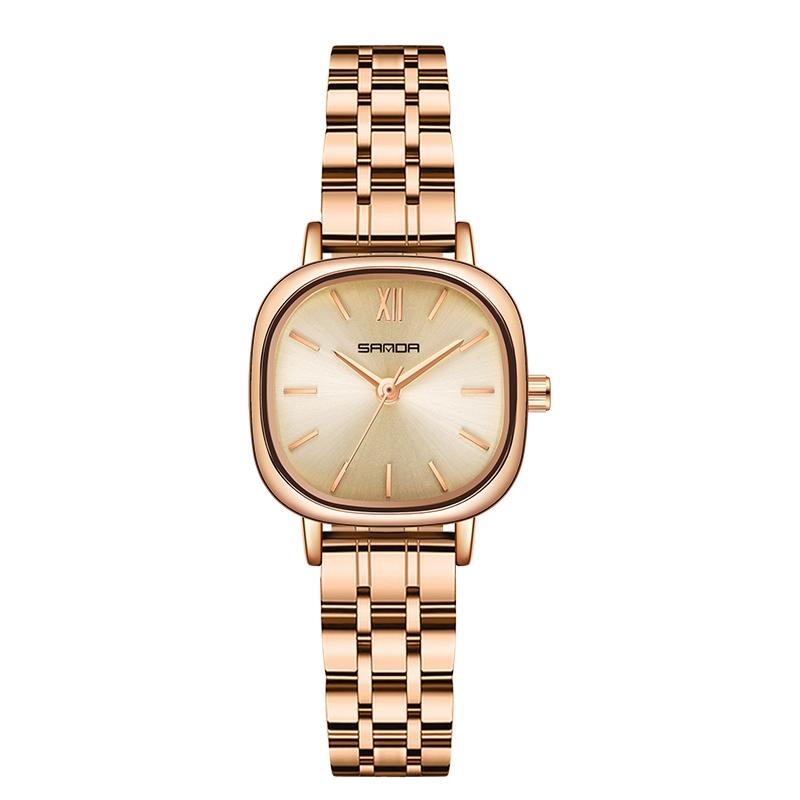 Women Oval Dial Quartz Watch with Simple Bar Scale - Steel Belt Rose Gold 12