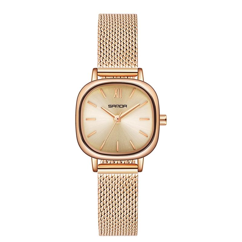 Women Oval Dial Quartz Watch with Simple Bar Scale - Steel Belt Rose Gold 14