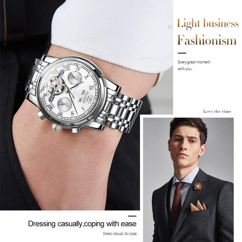 Waterproof Automatic Mechanical Watch for Men with Multi-function Flywheel - Silver Gold Green 4