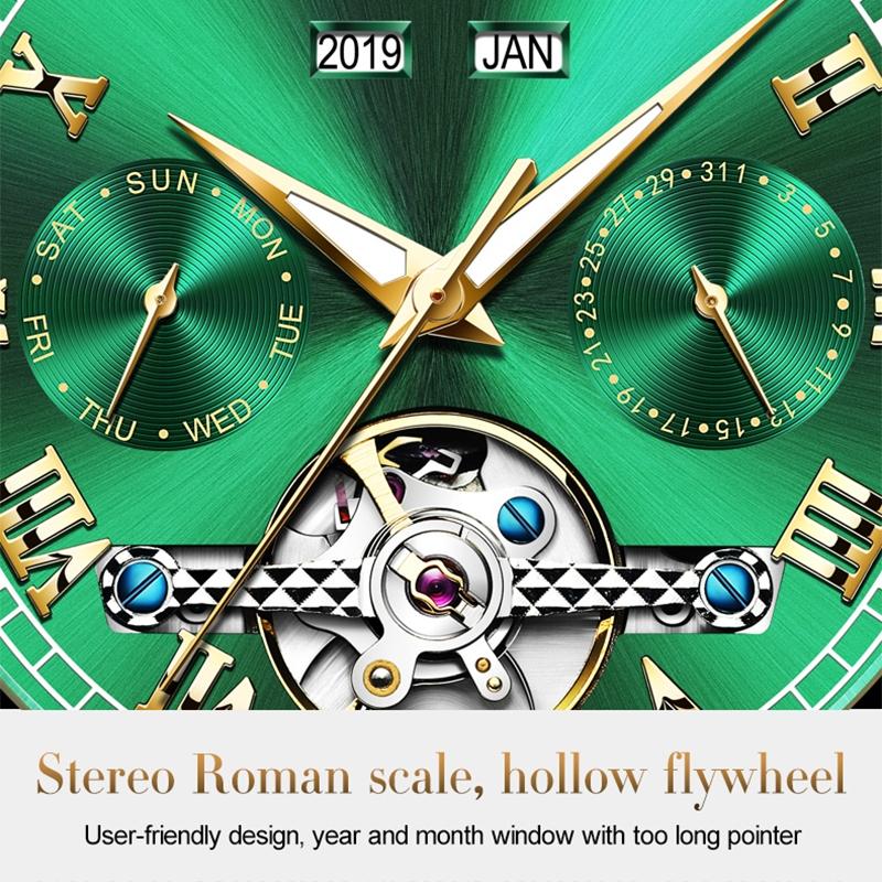 Waterproof Automatic Mechanical Watch for Men with Multi-function Flywheel - Silver Gold Green 6