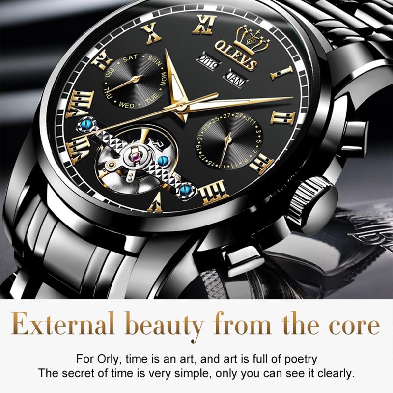 Waterproof Automatic Mechanical Watch for Men with Multi-function Flywheel - Silver Gold Green 9