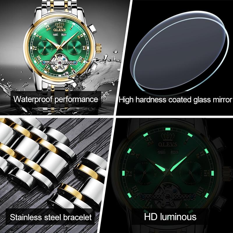 Waterproof Automatic Mechanical Watch for Men with Multi-function Flywheel - Silver Gold Green 11