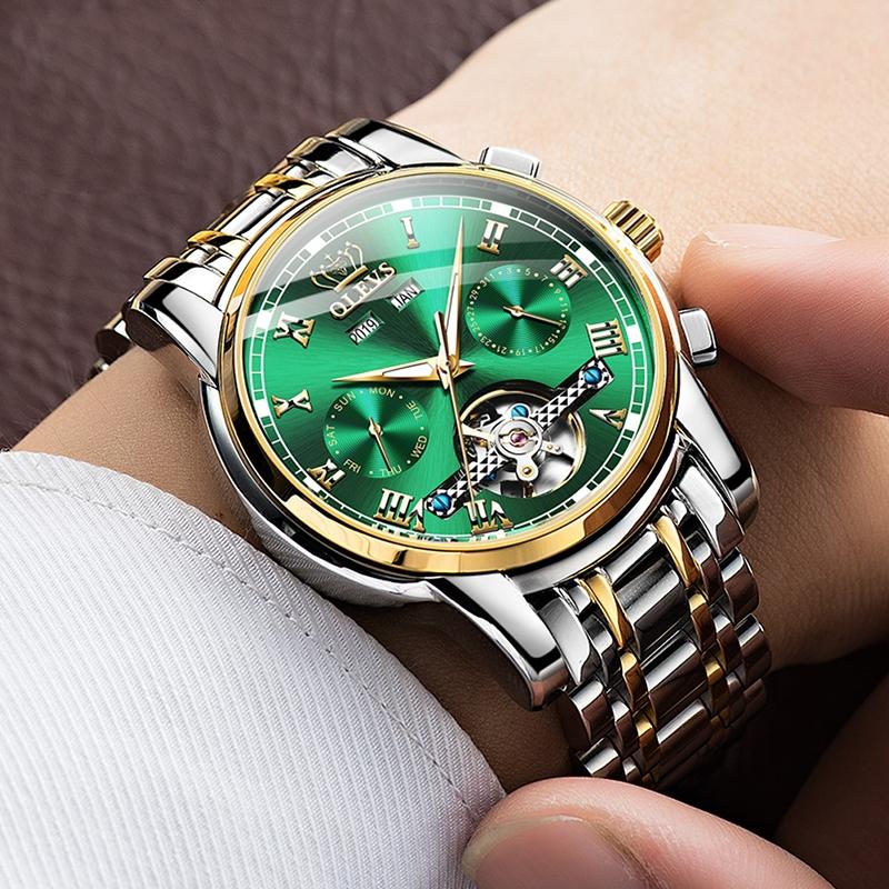Waterproof Automatic Mechanical Watch for Men with Multi-function Flywheel - Silver Gold Green 12