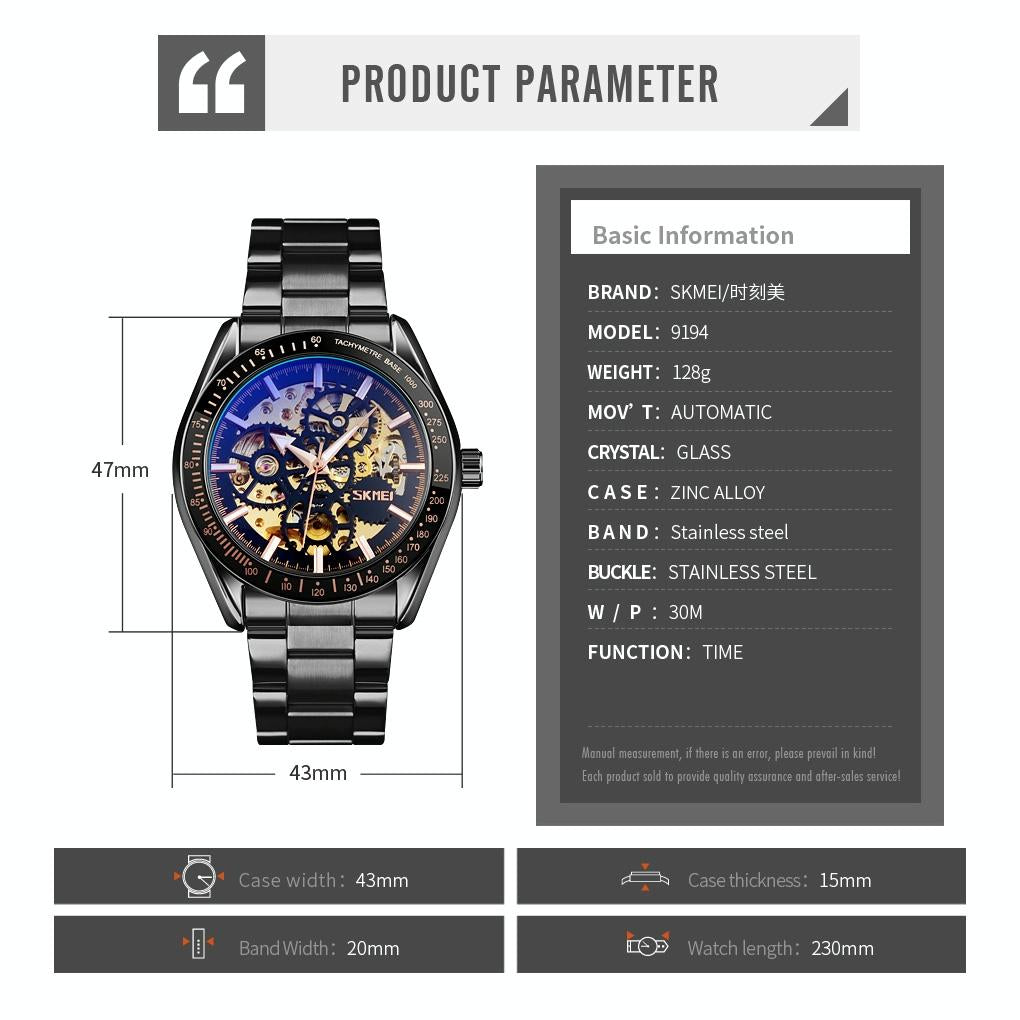Men Automatic Mechanical Watch with Gear Dial - Gold 8