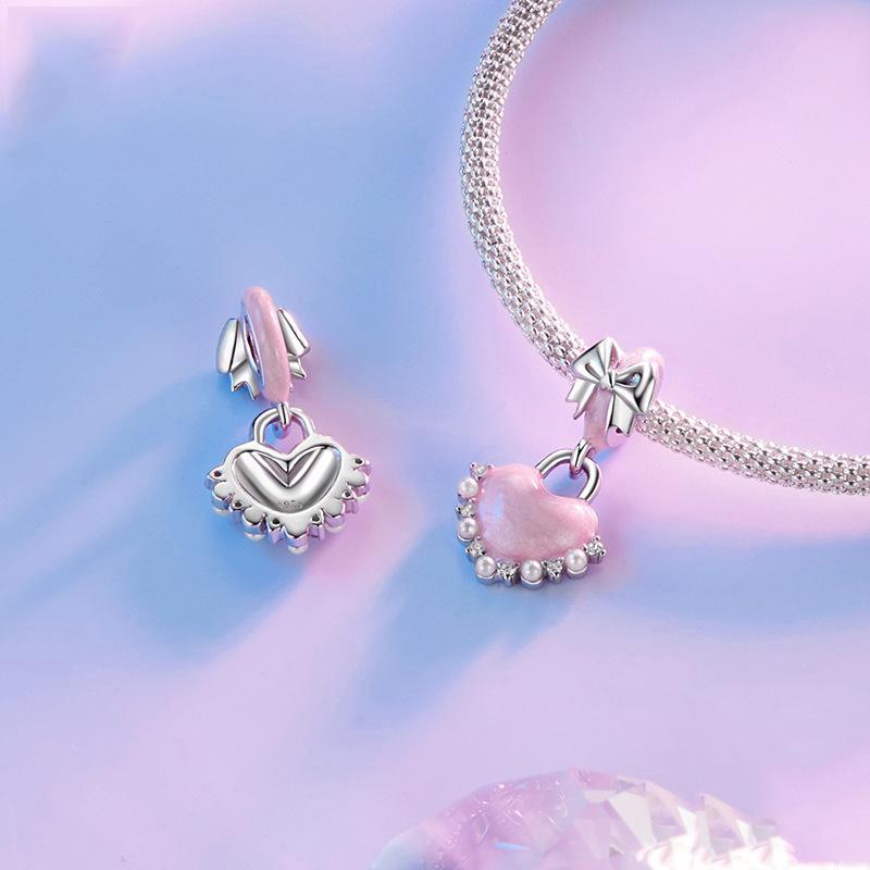 925 Sterling Silver Platinum Plated Bow Heart Pendant Beads 4