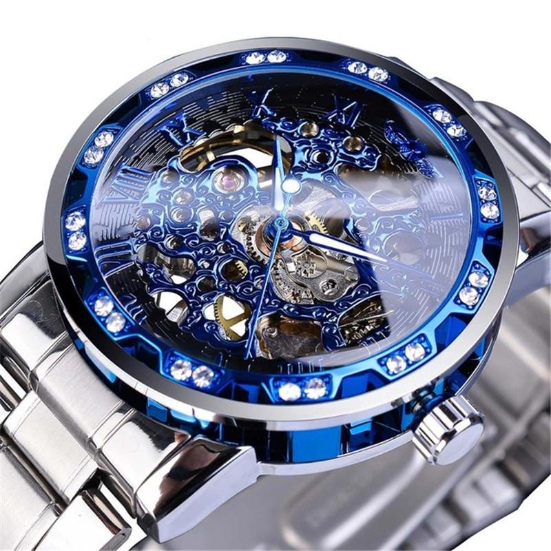 Men Skeleton Diamond Mechanical Watch - Luminous Pointer - Blue Belt Black Shell Blue Face
