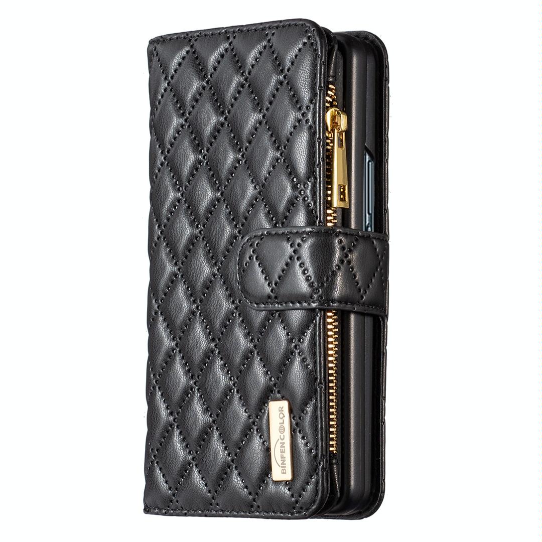 For Samsung Galaxy Z Fold4 5G Leather Zip Wallet - Diamond Lattice Design - Black 13