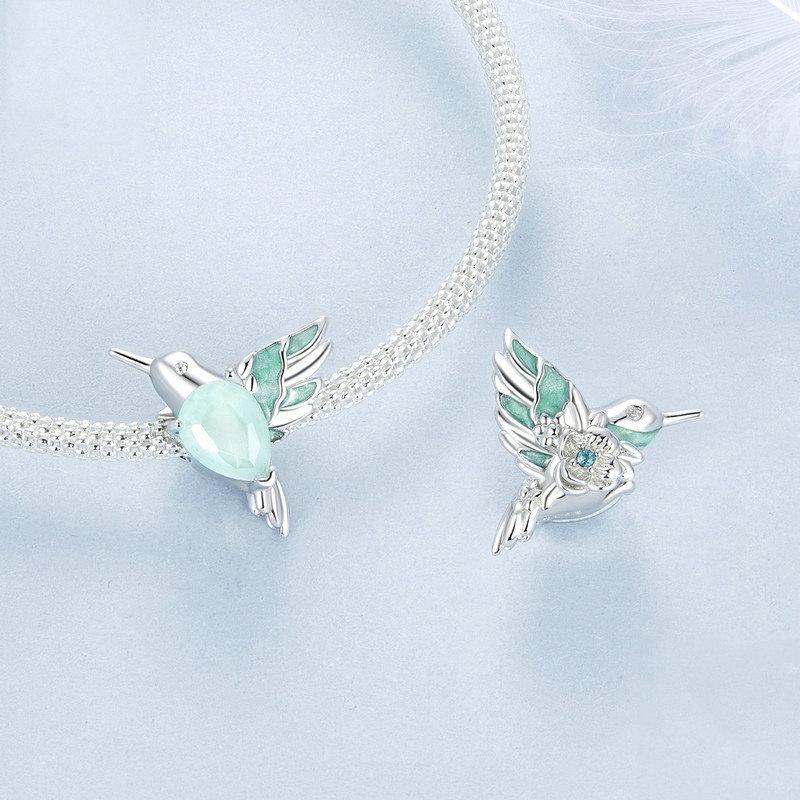 925 Sterling Silver Platinum Plated Hummingbird Flower Diy Beads 6