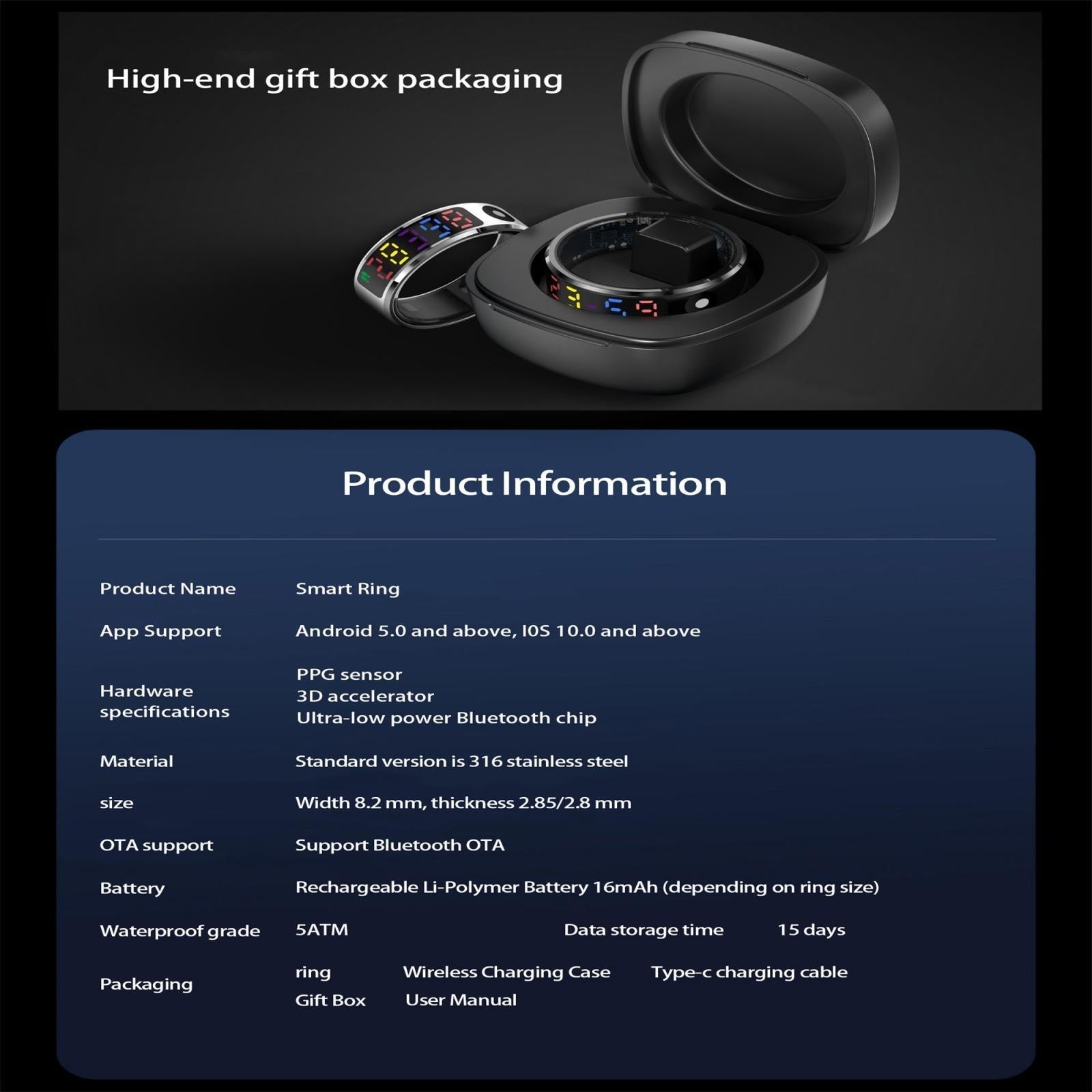 Smart Ring Heart Rate Blood Oxygen Sleep Sports Size 10 - Black 10